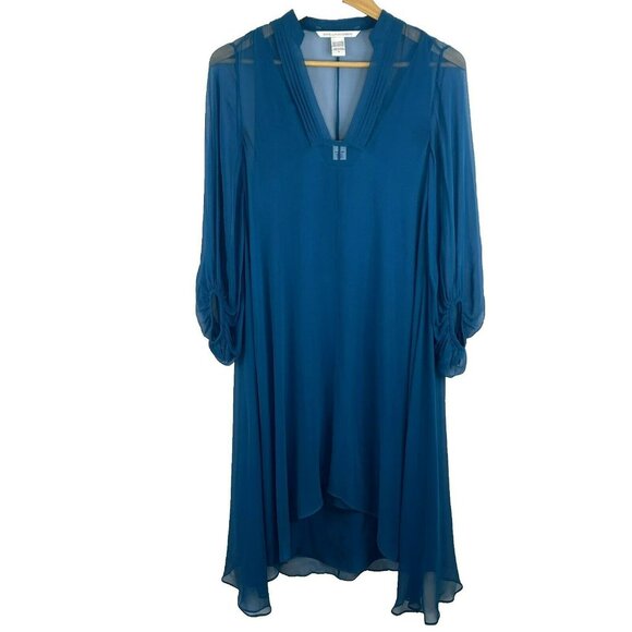 Diane von Furstenberg Dress Size 4 100% Silk Layered Midi Tent Blue 3/4 Sleeve - Picture 4 of 7